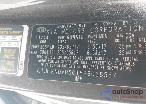 2015 Kia Sedona Lx from USA, damaged, VIN KNDMB5C15F6038567